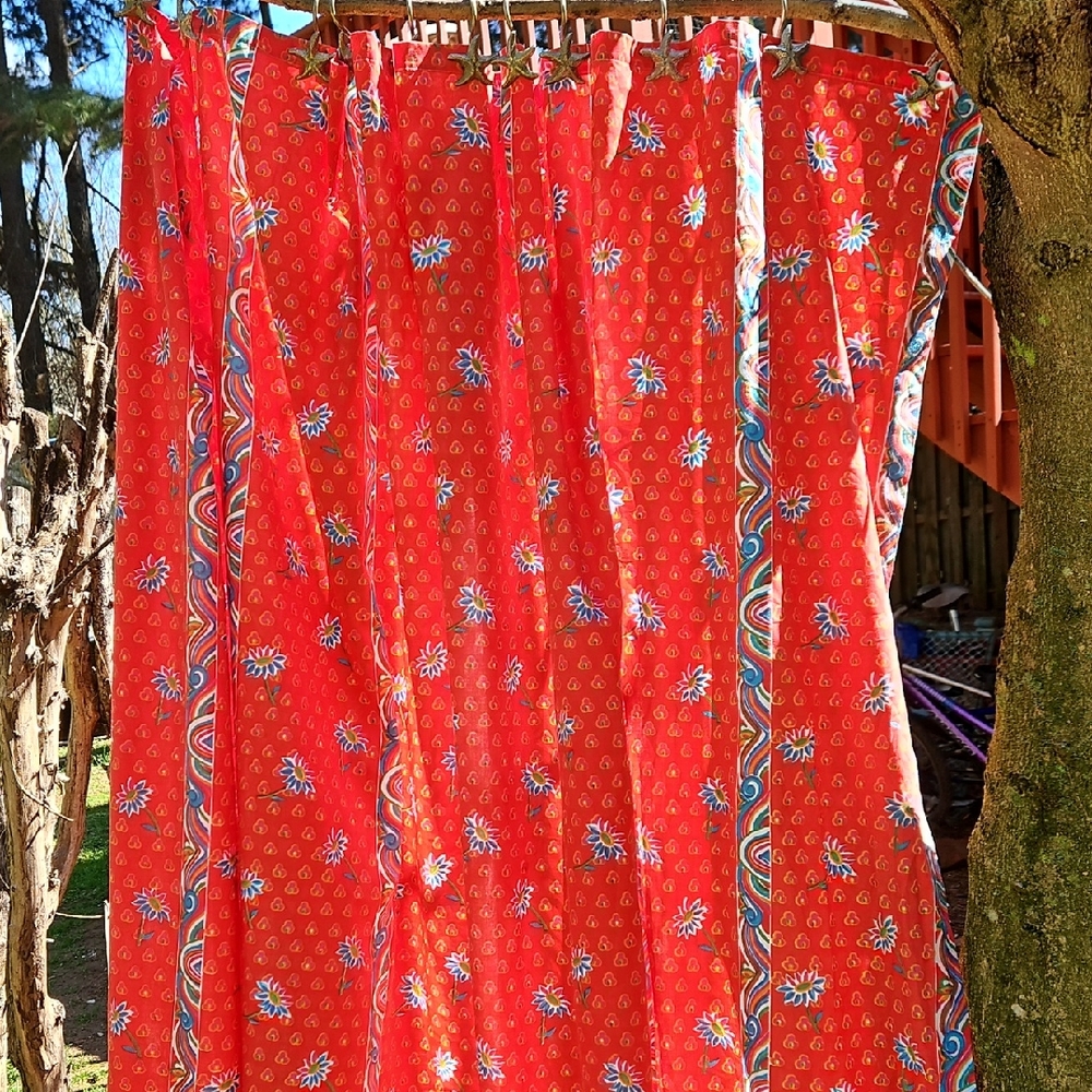 Vintage Cotton Indian Block Design  Orange  Blue Floral Shower 72" X 72" Curtain - Picture 5 of 17